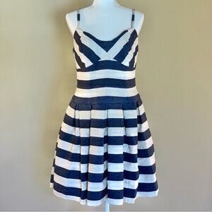 Unique Vintage Blue & White Striped Fit & Flare Pleated Spaghetti Strap Dress XL